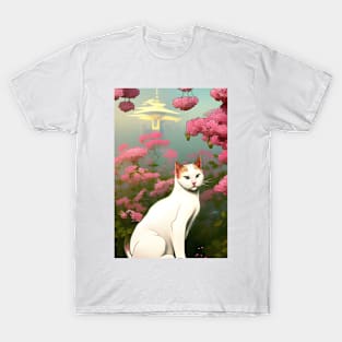 Anime White Cat Surrounded by Flowers Tokyo Background T-Shirt